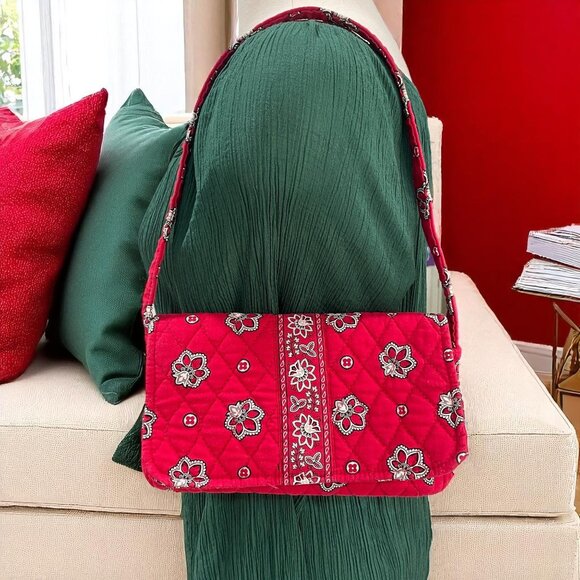 Vera Bradley Handbags - Vera Bradley Red Floral Quilted Shoulder Bag Crossbody Paisley Cotton Purse